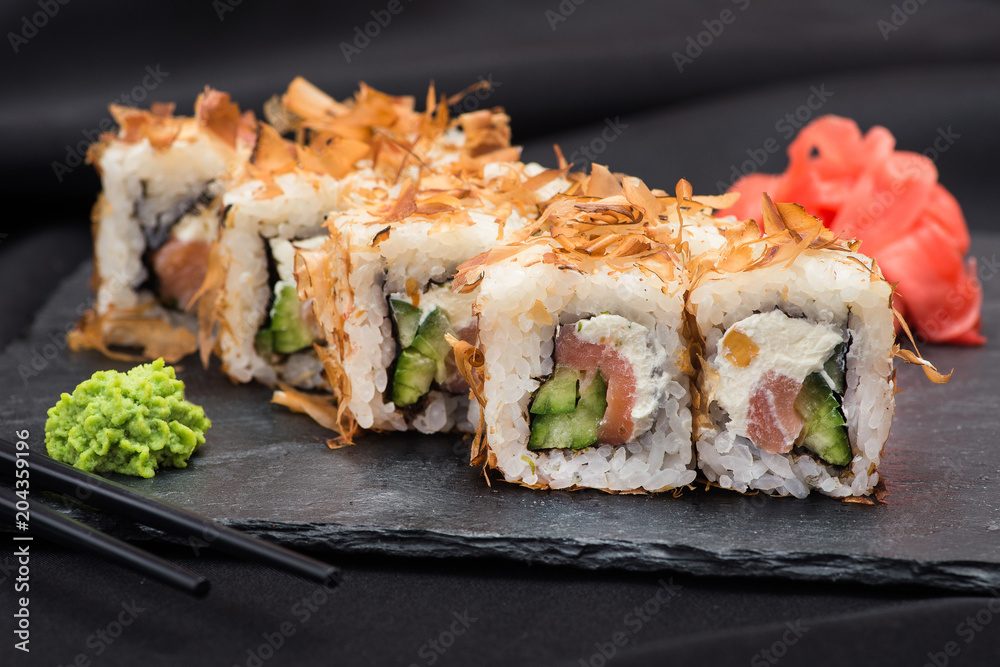 Fresh sushi on a black slate Fresh sushi on a black slate