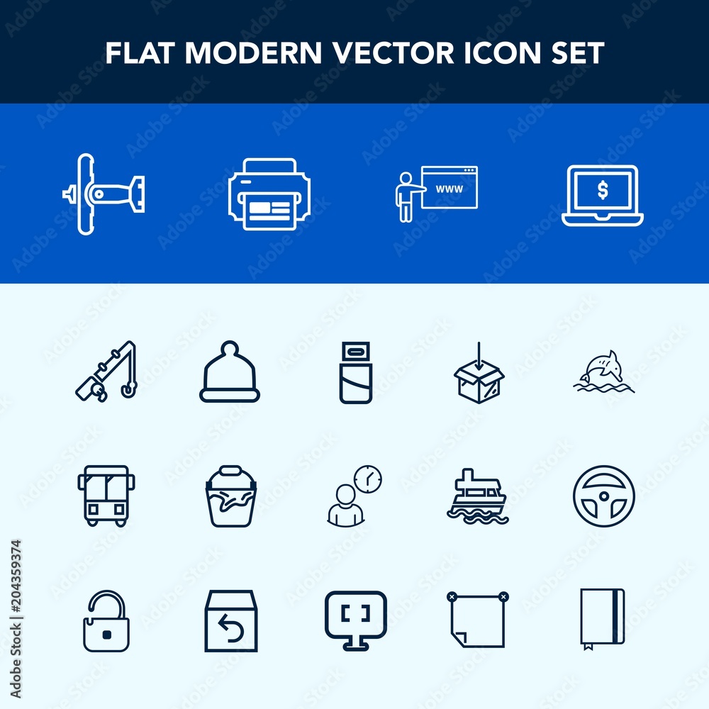 Modern, simple vector icon set with laptop, business, hour, technology, upload, ocean, war, clock, animal, plug, cap, time, wildlife, container, military, cable, go, aircraft, transportation icons