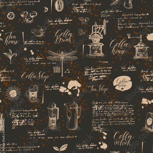 Vector seamless pattern on tea and coffee theme in retro style. Various coffee symbols, dragonfly, blots and inscriptions on a background of old manuscript. Can be used as wallpaper or wrapping paper
