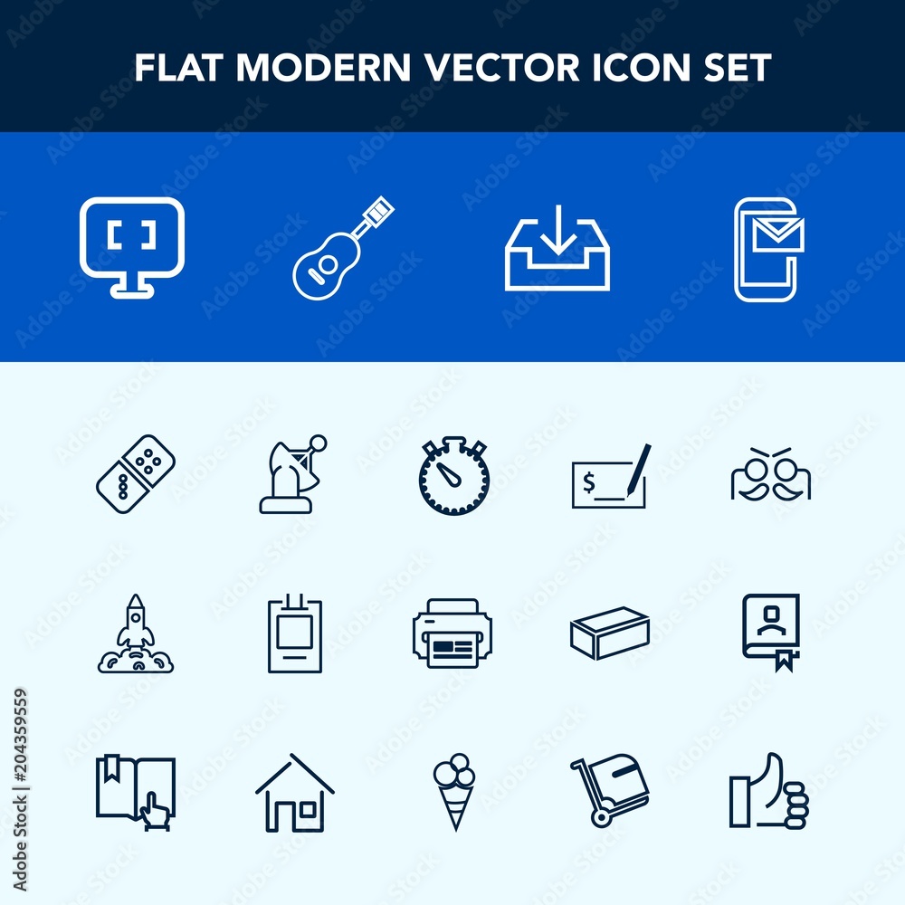 Modern, simple vector icon set with shuttle, music, badge, internet, game, rocket, carnival, business, pay, email, clock, label, computer, concert, launch, party, web, domino, laptop, sign, row icons Modern, simple vector icon set with shuttle, music, badge, internet, game, rocket, carnival, business, pay, email, clock, label, computer, concert, launch, party, web, domino, laptop, sign, row icons