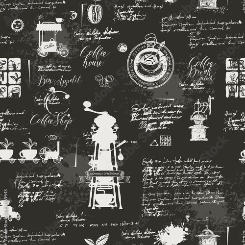 Vector seamless pattern on the coffee theme with a various coffee symbols, blots and inscriptions on a background of old manuscript in retro style. Can be used as wallpaper or wrapping paper