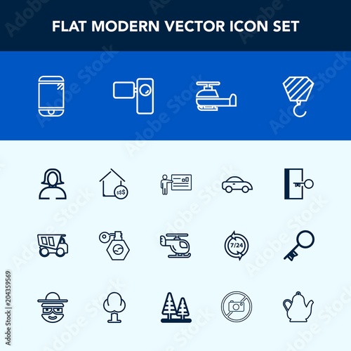 Modern, simple vector icon set with escape, lady, aviation, exit, transport, girl, sign, cell, air, truck, sky, dump, face, price, beauty, movie, property, woman, technology, building, bottle icons