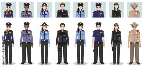 Police people concept. Set of different detailed illustration and avatars icons of SWAT officer, policeman, policewoman and sheriff in flat style on white background. Vector illustration.