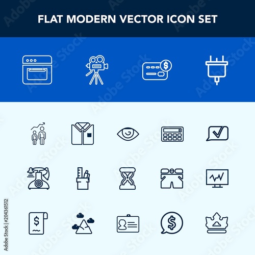 Modern, simple vector icon set with equipment, electric, clock, kitchen, white, business, plug, progress, vintage, oven, tshirt, communication, timer, phone, growth, telephone, card, shirt, time icons