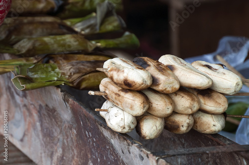 Ban Lung Cambodia, grilled banana skewer in local market