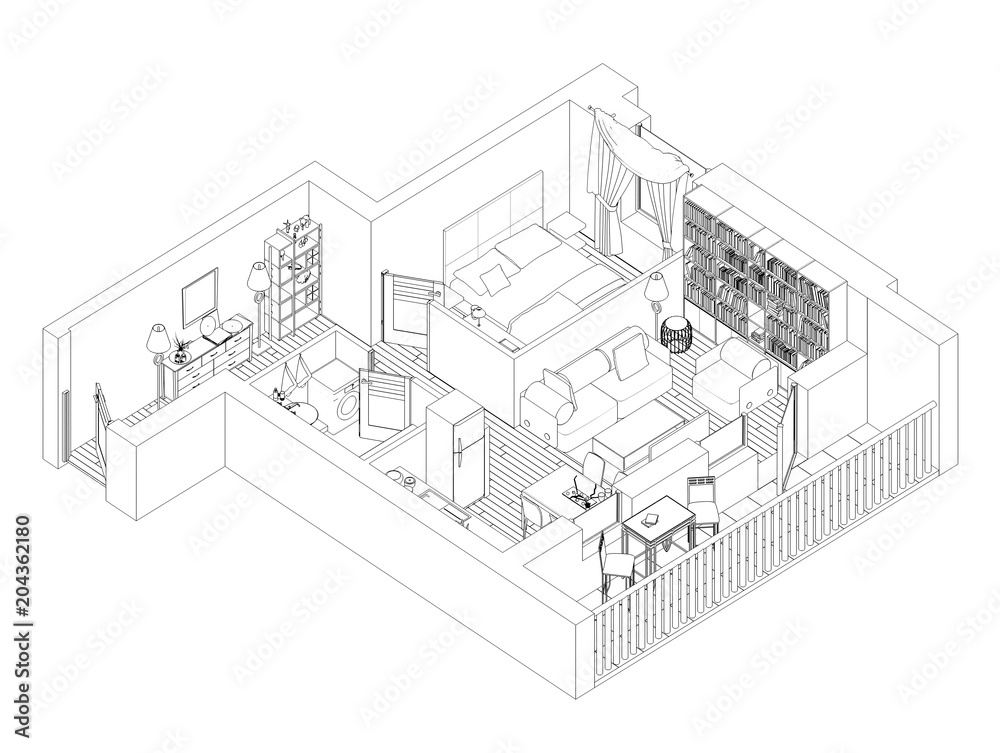 Line drawing floor plan on a white background, Mock up of furnished home apartment Line drawing floor plan on a white background, Mock up of furnished home apartment
