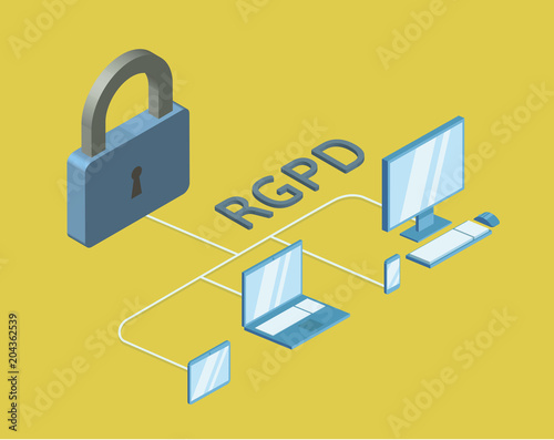 RGPD, Spanish and Italian version version of GDPR: Regolamento generale sulla protezione dei dati. Concept vector isometric illustration, isolated. General Data Protection Regulation.