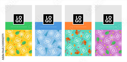 design of packaging and labels, different vector backgrounds for boxes, summer, autumn, winter and spring, just put your logo