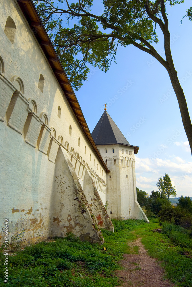 White wall and tower of Savvino-Storozhevsky Monastery, Russia