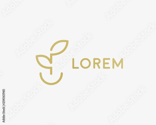 Linear healthy food vector logo. Leaf smile plate idea logotype.