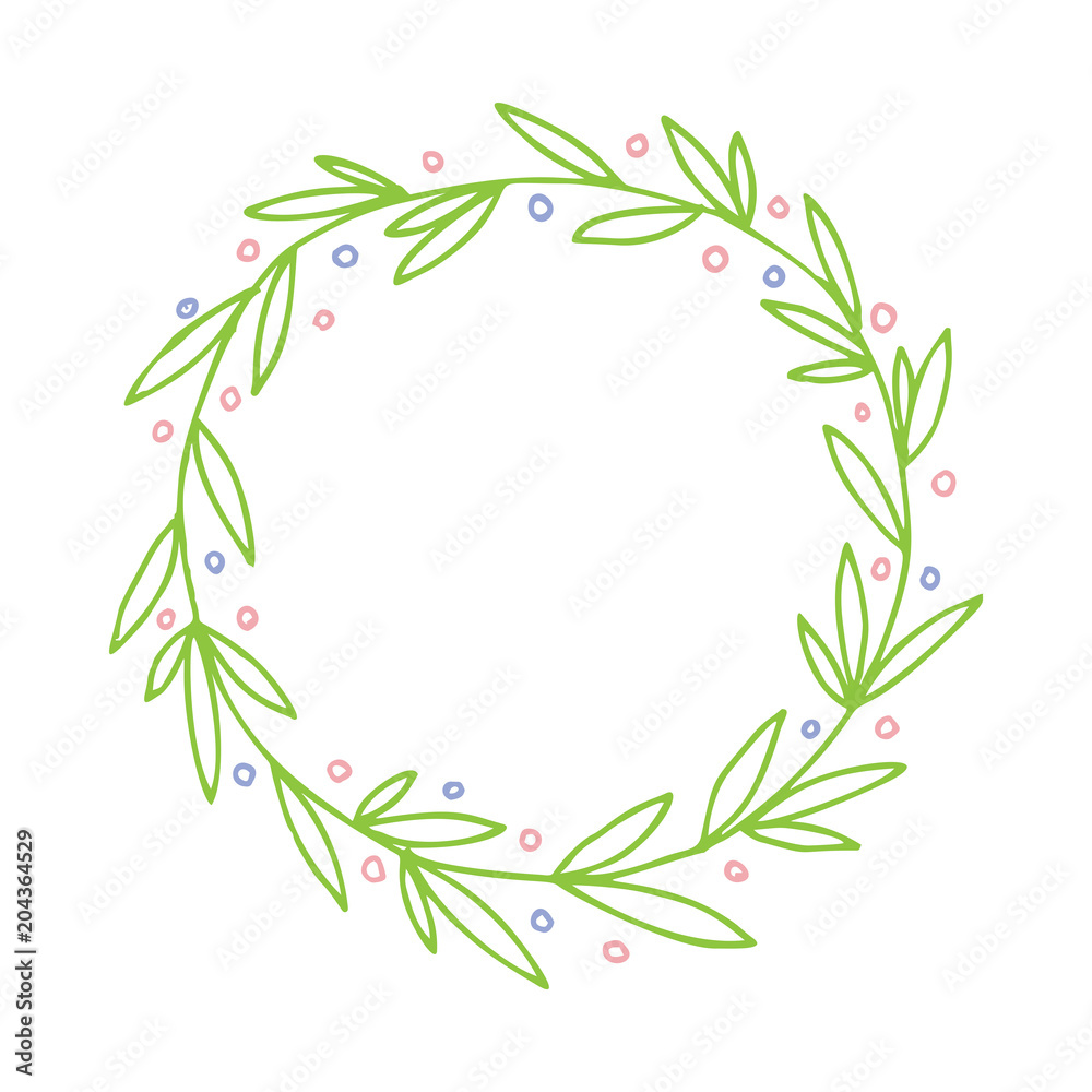 Vector illustration of hand drawn green foliage wreath