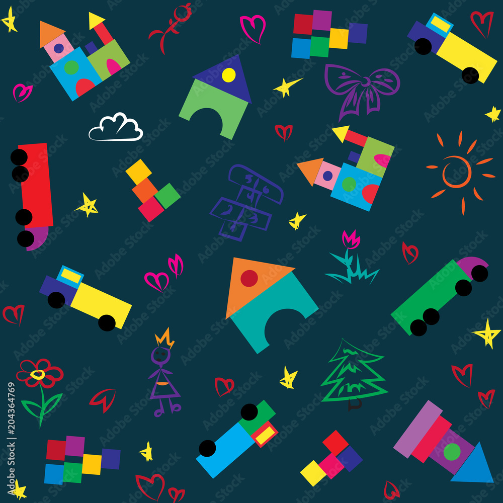 Children's wallpaper with children's toys and drawings.