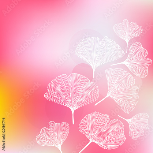 Ginkgo biloba leaves, vector hand drawn illustration on bright blurred background