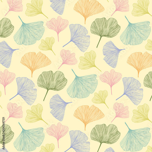 Ginkgo biloba leaves  vector hand drawn colorful seamless pattern for background