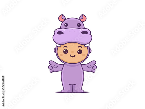 Cute little boy wearing purple hippo onesie vector cartoon illustration in kawaii style