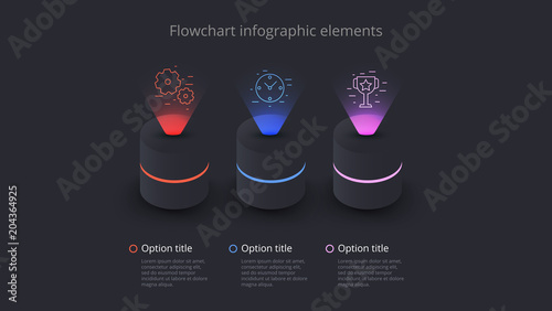 Business process chart infographics with 3 step segments. Circular corporate timeline infograph elements. Company presentation slide template. Modern vector info graphic layout design.