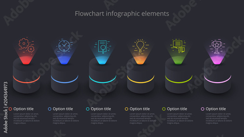 Business process chart infographics with 6 step segments. Circular corporate timeline infograph elements. Company presentation slide template. Modern vector info graphic layout design.