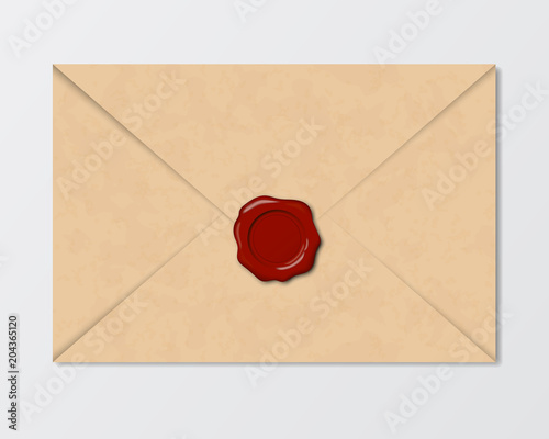 Realistic vintage envelope of old paper with wax sea - vector photo