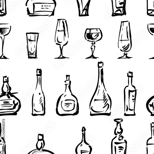 Pattern of the wine glasses and bottles sketches