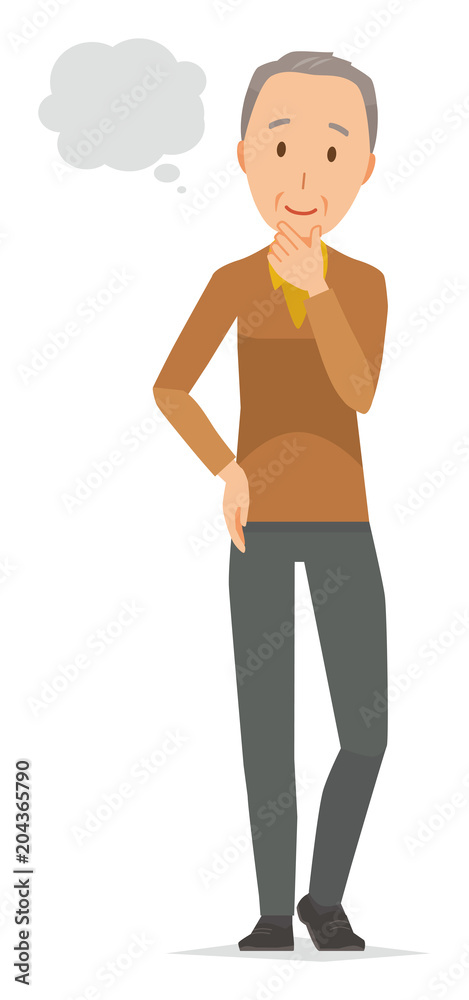 An elderly man wearing brown clothes is imagining An elderly man wearing brown clothes is imagining