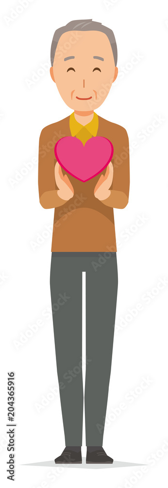 An elderly man wearing brown clothes has a heart mark An elderly man wearing brown clothes has a heart mark