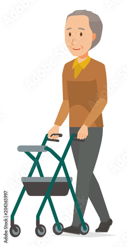 An elderly man wearing brown clothes is walking with a cart for the elderly