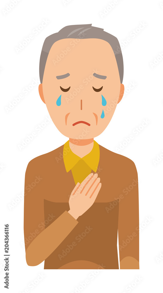 An elderly man wearing brown clothes is crying An elderly man wearing brown clothes is crying