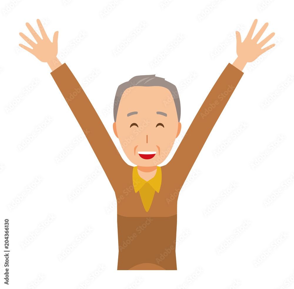 An elderly man wearing brown clothes is putting up both hands An elderly man wearing brown clothes is putting up both hands