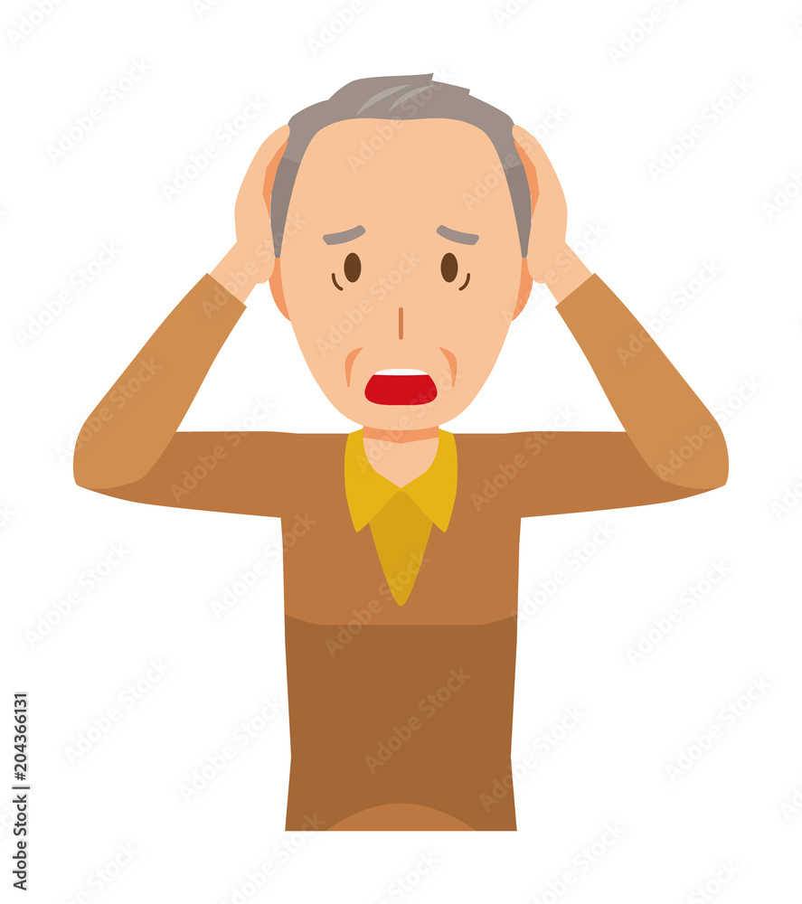 An elderly man wearing brown clothes is panicking An elderly man wearing brown clothes is panicking