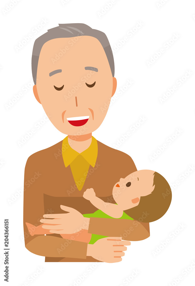 An elderly man wearing brown clothes holds a baby in his arm An elderly man wearing brown clothes holds a baby in his arm