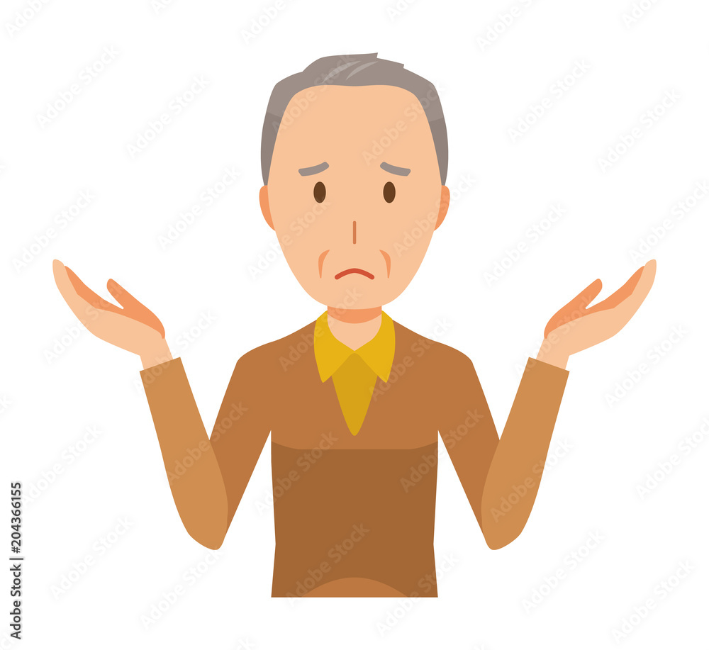 An elderly man wearing brown clothes is shrugging his shoulders An elderly man wearing brown clothes is shrugging his shoulders