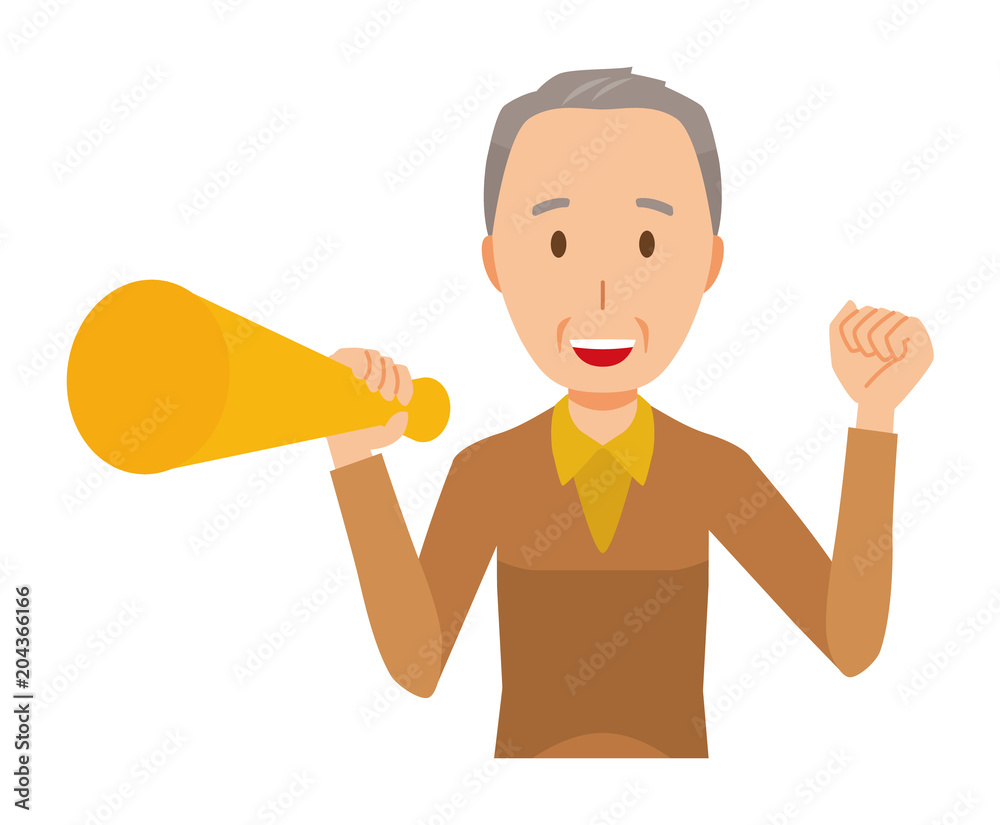 An elderly man wearing brown clotheshas a megaphone