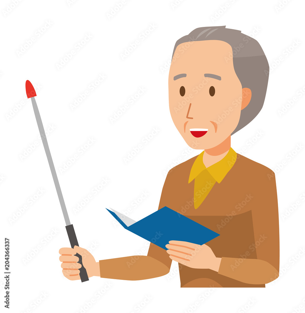 An elderly man wearing brown clothes has a pointer An elderly man wearing brown clothes has a pointer