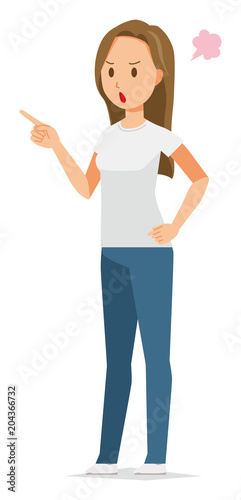 A long hair young woman is angrily pointing to a finger