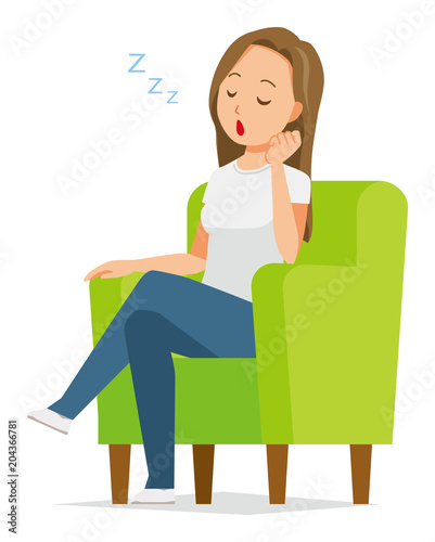 A long hair young woman is sleeping on a sofa