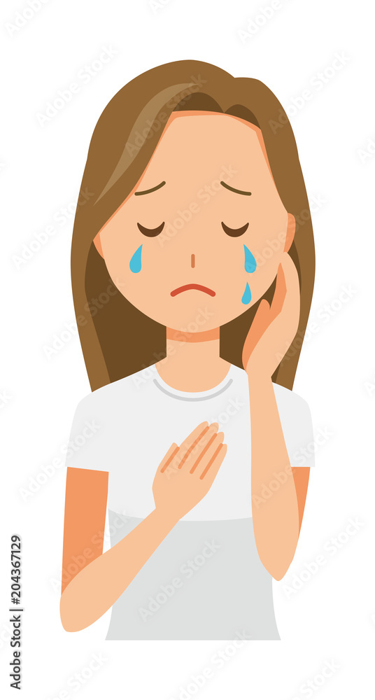 A long hair young woman is crying