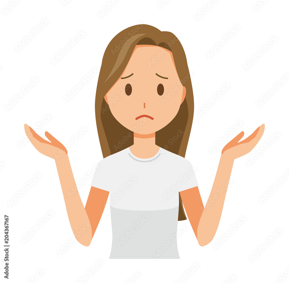 A long hair young woman is shrugging her shoulders A long hair young woman is shrugging her shoulders