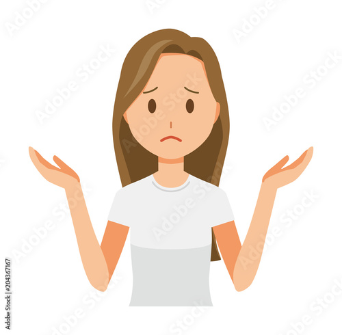 A long hair young woman is shrugging her shoulders