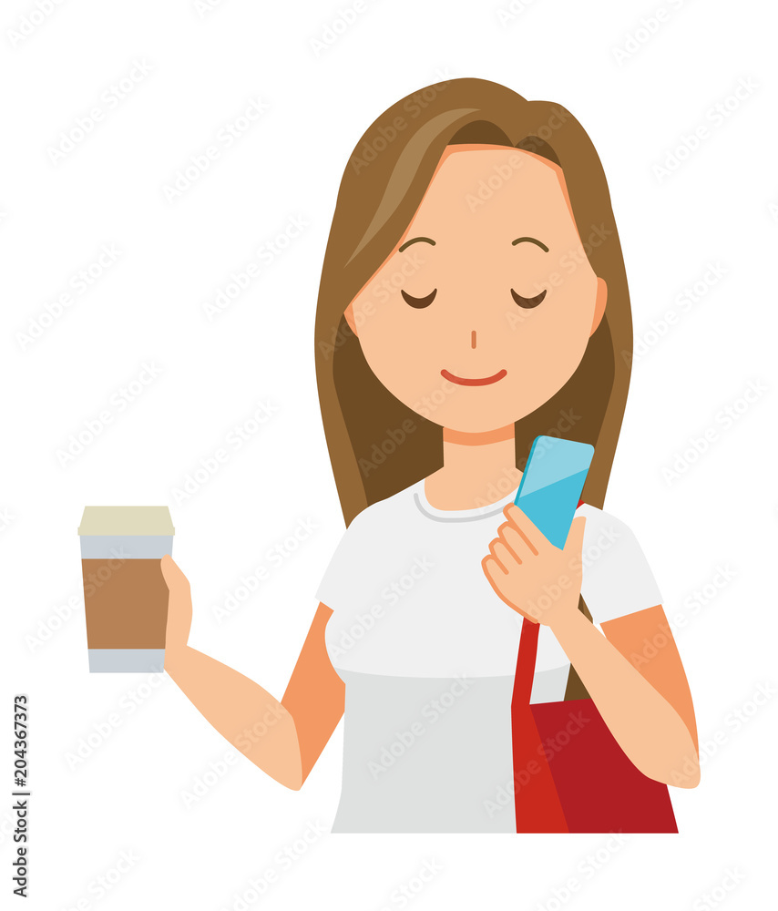 A long hair young woman has coffee and manipulating a smartphone