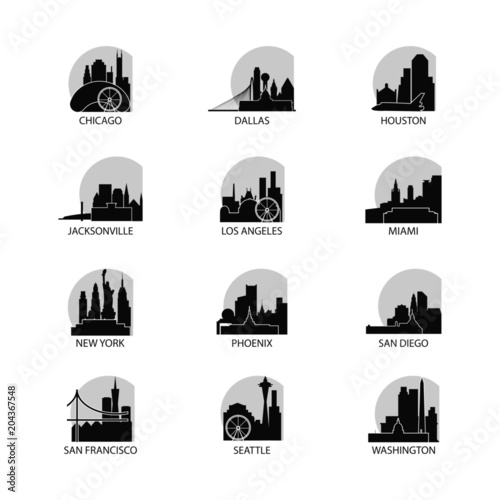 United States of America USA cities icons set, modern skyline citysape landmark logo vector pack