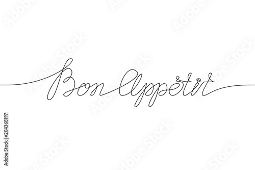 BON APPETIT handwritten inscription. Hand drawn lettering. alligraphy. One line drawing of phrase Vector illustration