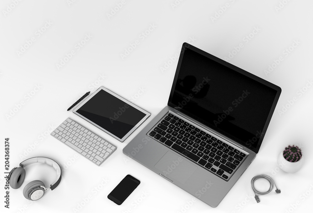 Modern digital silver tech device in white background 3D rendering Modern digital silver tech device in white background 3D rendering