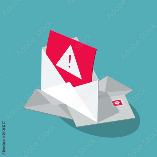 Spam vector symbol with several envelopes and a red unsolicited message isolated on blue background. Flat design, easy to use for your website or presentation.