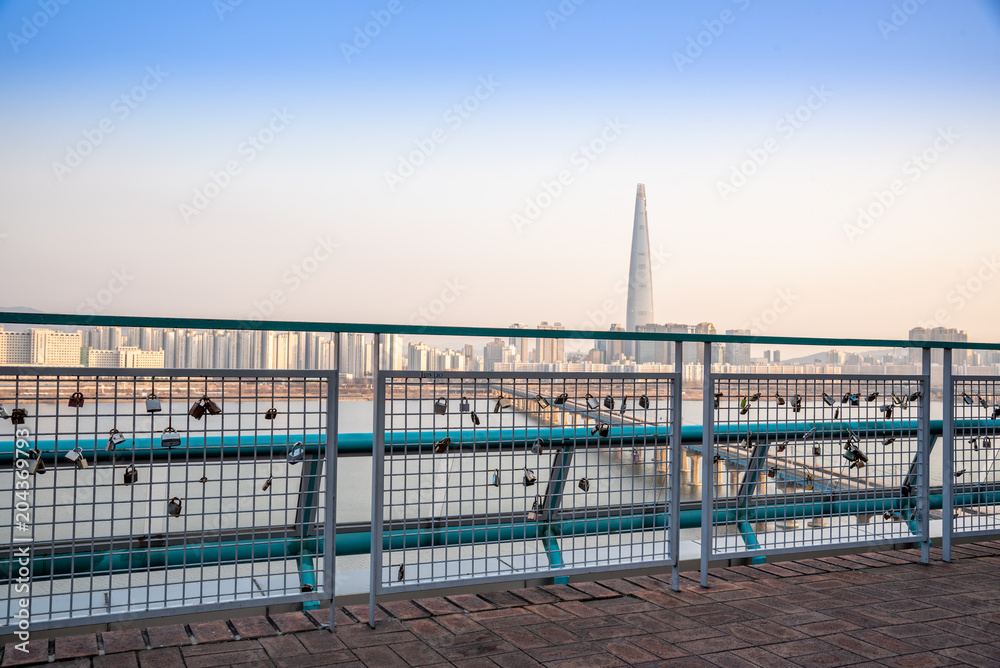 Seoul City Skyline at Hangung river of lotte tower in Seoul, South korea.