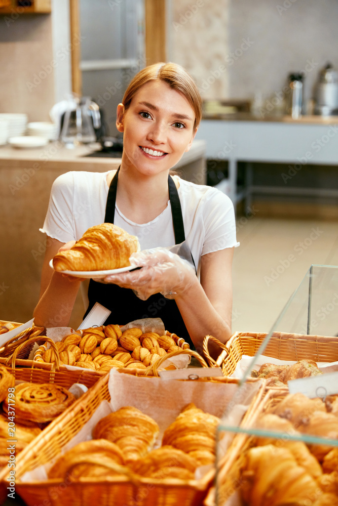 Bakery Shop. Happy Woman Selling Pastry Bakery Shop. Happy Woman Selling Pastry