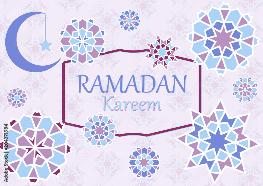 Vector illustration of text, inscription Ramadan Kareem banner, postcard with Islamic geometric patterns, moon, star, frame.