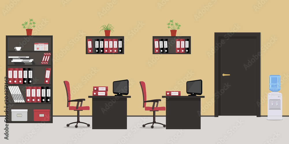 Office in a beige color. There are black desks, red chairs, a water cooler, a cabinet for documents, computers, shelves with folders and other objects in the picture. Vector flat illustration. Office in a beige color. There are black desks, red chairs, a water cooler, a cabinet for documents, computers, shelves with folders and other objects in the picture. Vector flat illustration.