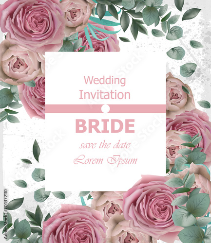 Wedding invitation with delicate pink roses Vector. Beautiful vertical card f...