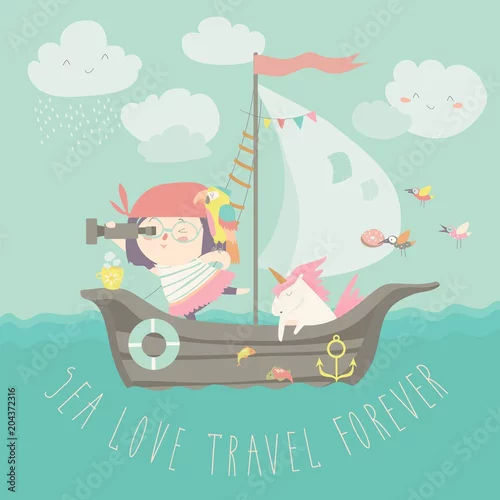 Obraz Szczęśliwa dziewczyna z jej jednorożec wodniactwo przy ich statkiem