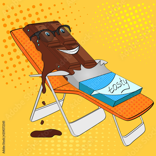 Chocolate bar melts on beach pop art retro vectorr. Cartoon food character. Color background. Comic book style imitation.